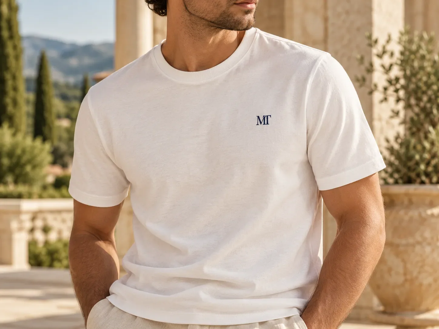 Small embroidered chest mark on a white T-shirt
